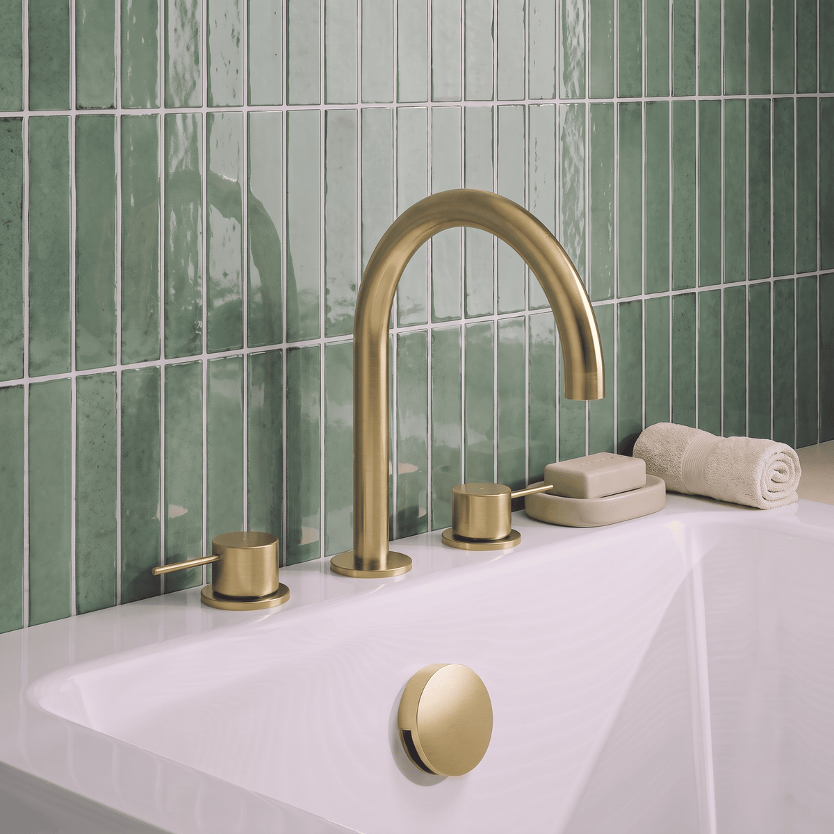 [BTV833C] Penkhull Contemporary 3 Tap Hole Deck Mounted Bath Mixer Tap with Minimalist Lever Handles - Choice of Spout and Colour - Lifestyle 1