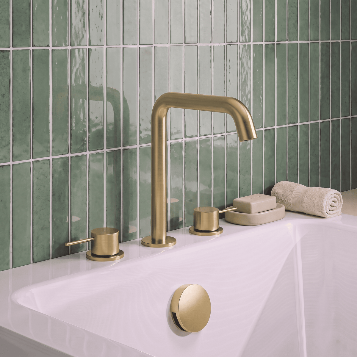 [BTV833P] Penkhull Contemporary 3 Tap Hole Deck Mounted Bath Mixer Tap with Minimalist Lever Handles - Choice of Spout and Colour - Lifestyle 1