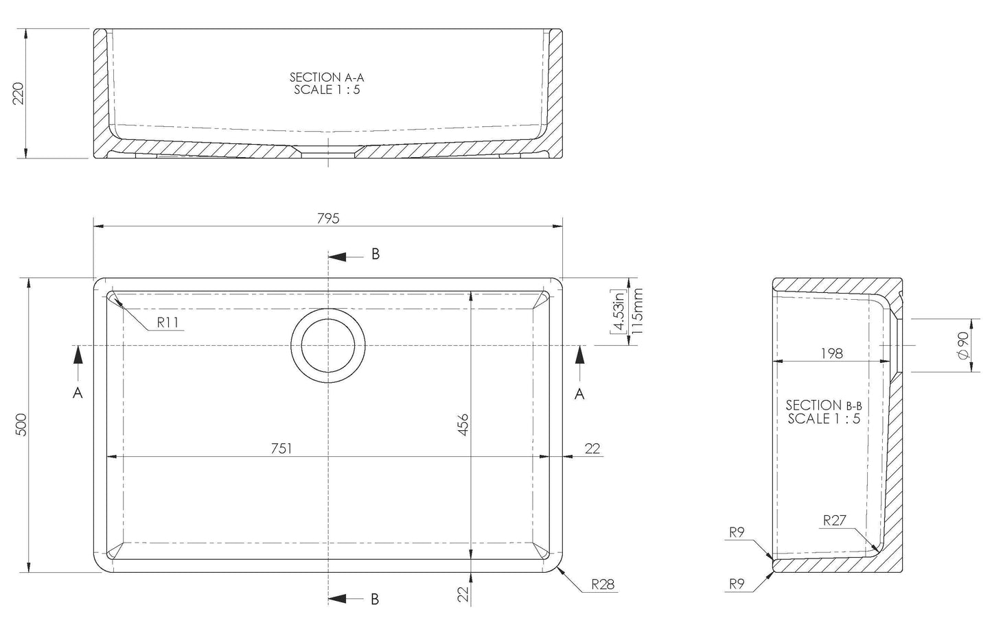 Nuie Single Bowl 795 x 500 x 220mm Fireclay White Butler Sink