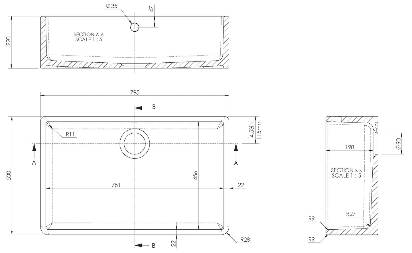 Nuie 1 Tap Hole Single Bowl 795 x 500 x 220mm Fireclay White Butler Sink