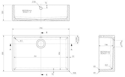 Nuie 1 Tap Hole Single Bowl 795 x 500 x 220mm Fireclay White Butler Sink