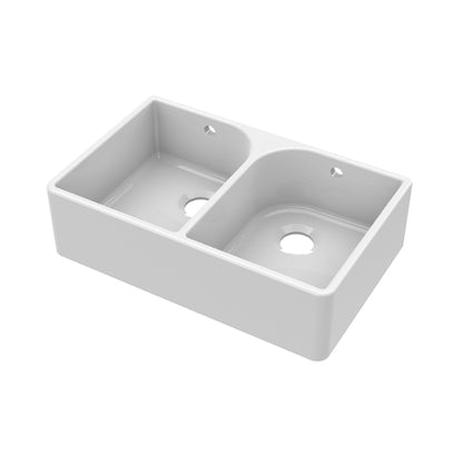 Nuie Double Bowl 795 x 500 x 220mm Fireclay White Butler Sink With Flush Weir and Overflow