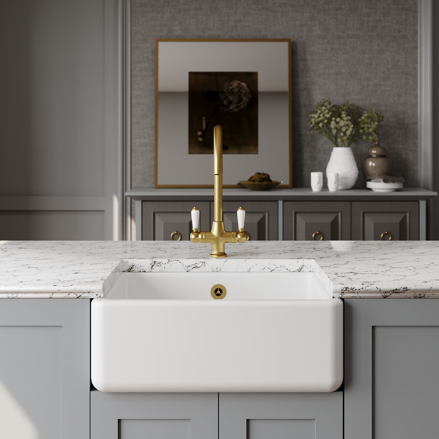 Nuie Single Bowl 595 x 450 x 220mm Fireclay White Traditional Butler Sink