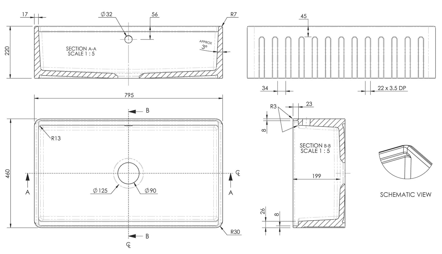 Nuie 1 Tap Hole Single Bowl 795 x 460 x 220mm Fireclay White Butler Sink