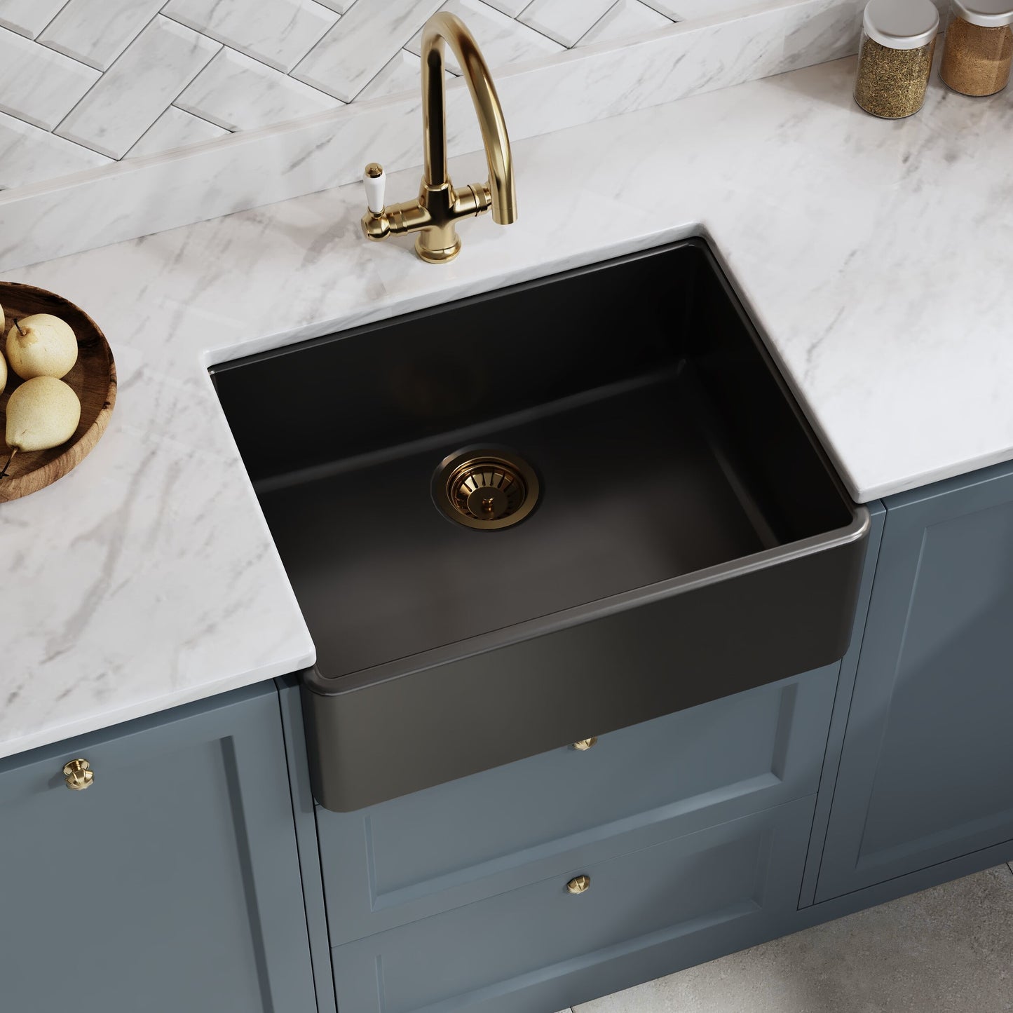 Nuie Single Bowl Fireclay Soft Black Butler Sink