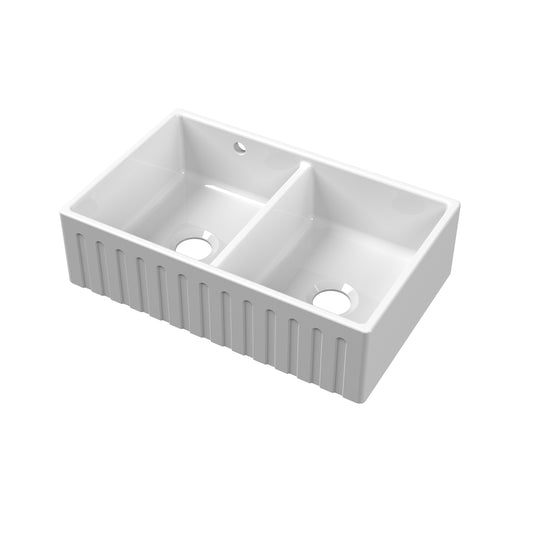 Nuie Double Bowl Fireclay White Fluted Butler Sink