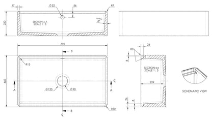 Nuie 1 Tap Hole Single Bowl 795 x 460 x 220mm Fireclay White Fluted Butler Sink With Ledge, Wire Grid and Chopping Board