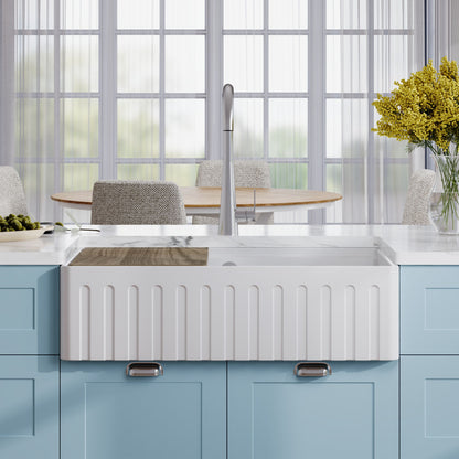 Nuie 1 Tap Hole Single Bowl 795 x 460 x 220mm Fireclay White Fluted Butler Sink With Ledge, Wire Grid and Chopping Board