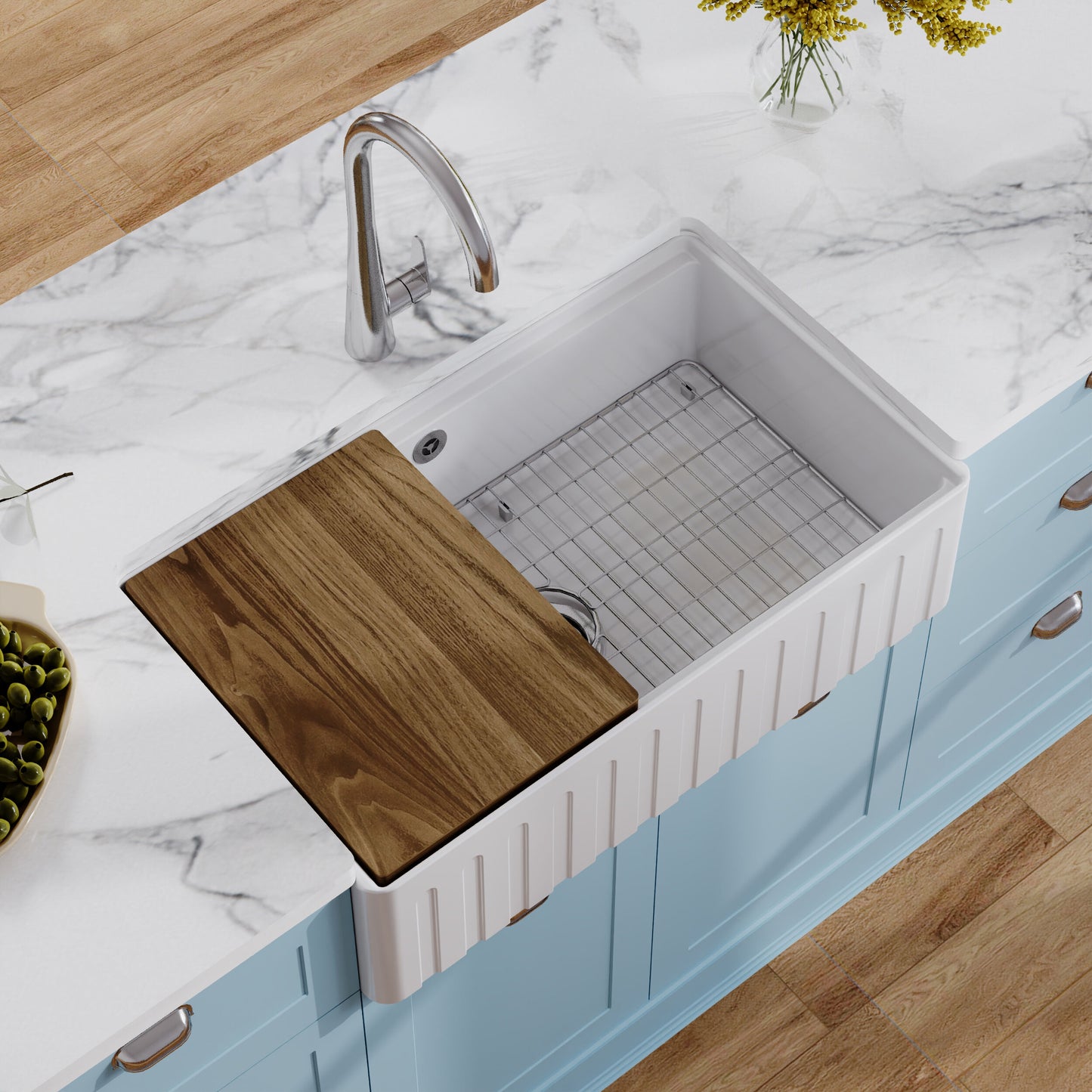 Nuie 1 Tap Hole Single Bowl 795 x 460 x 220mm Fireclay White Fluted Butler Sink With Ledge, Wire Grid and Chopping Board