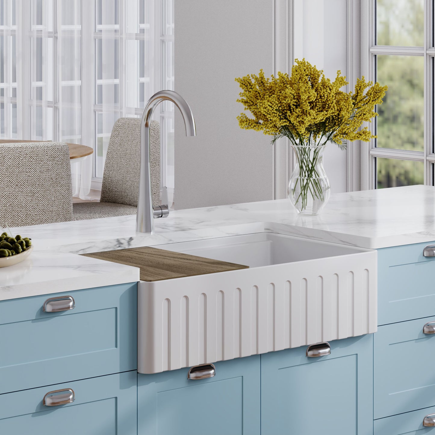 Nuie 1 Tap Hole Single Bowl 795 x 460 x 220mm Fireclay White Fluted Butler Sink With Ledge, Wire Grid and Chopping Board