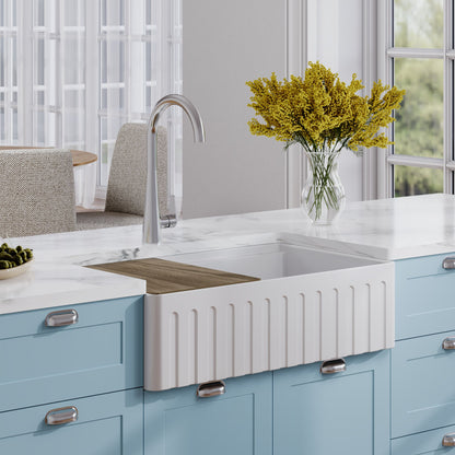 Nuie 1 Tap Hole Single Bowl 795 x 460 x 220mm Fireclay White Fluted Butler Sink With Ledge, Wire Grid and Chopping Board