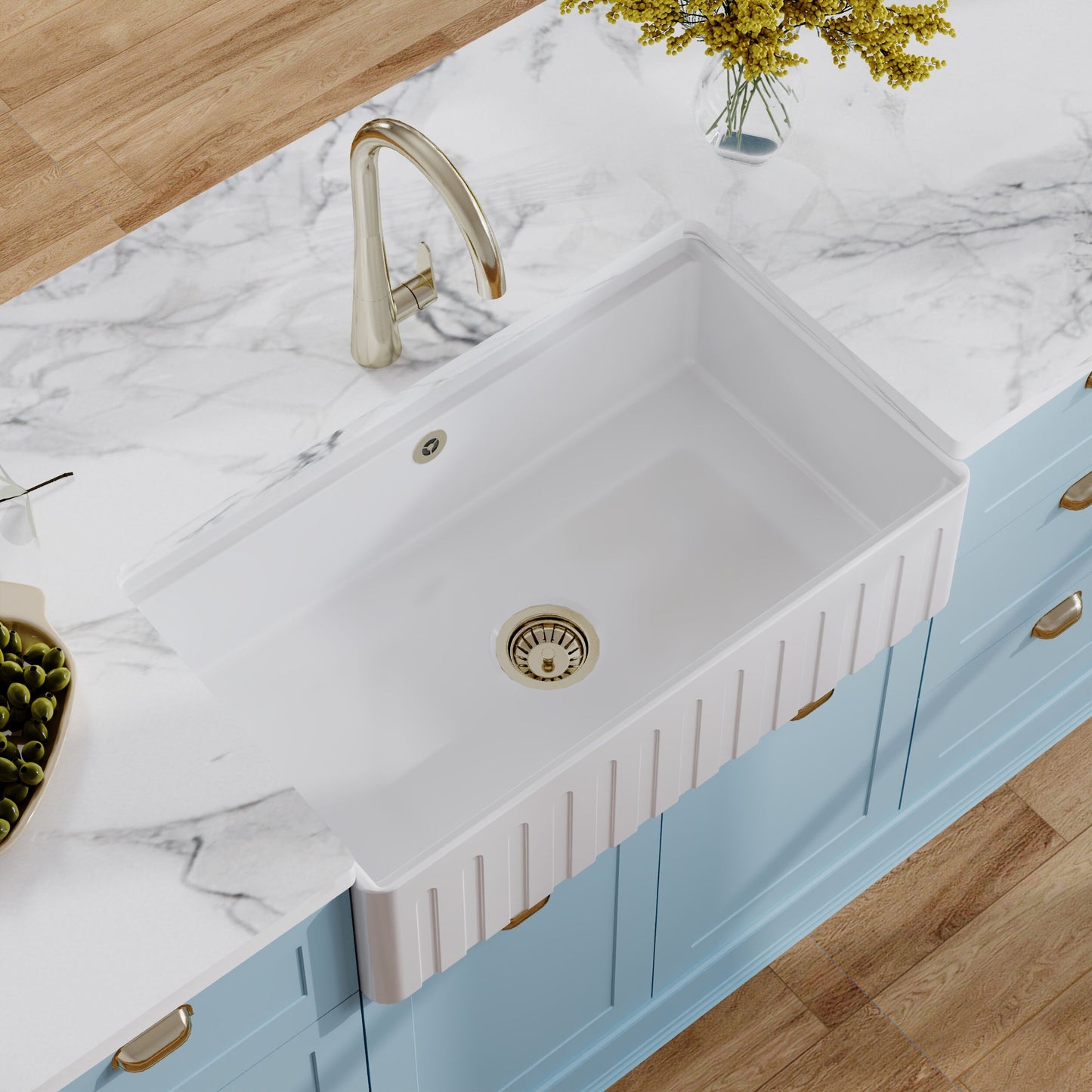 Nuie 1 Tap Hole Single Bowl 795 x 460 x 220mm Fireclay White Fluted Butler Sink With Ledge