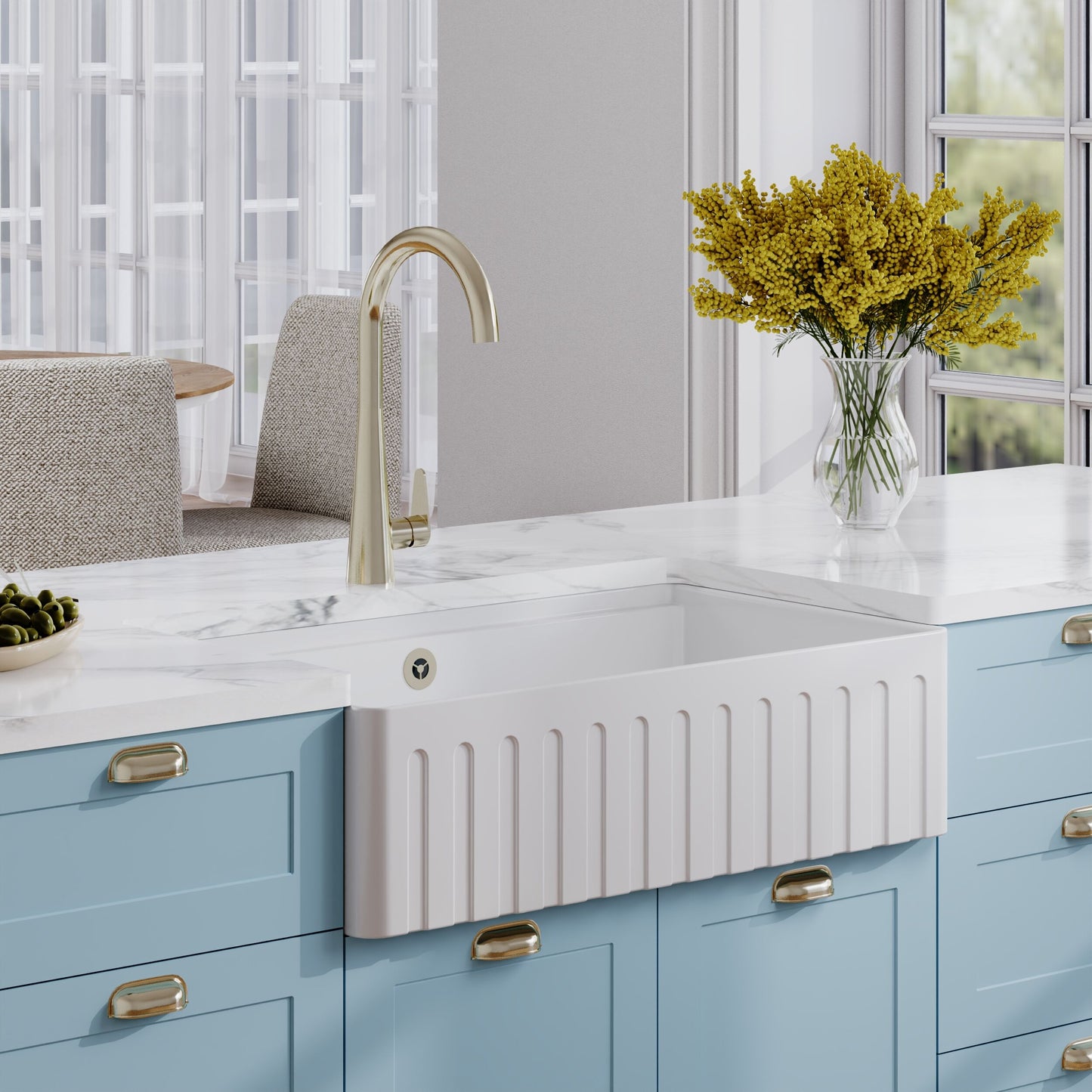 Nuie 1 Tap Hole Single Bowl 795 x 460 x 220mm Fireclay White Fluted Butler Sink With Ledge