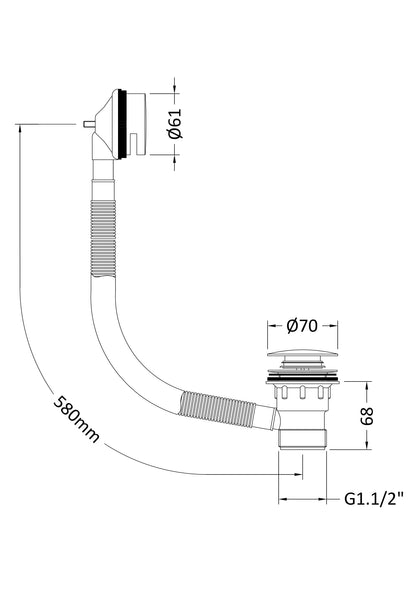 [BWE1527] Contemporary Push Button Round Bath Tub Waste for Baths Up to 13mm Thick - Multiple Colours - Technical Drawing