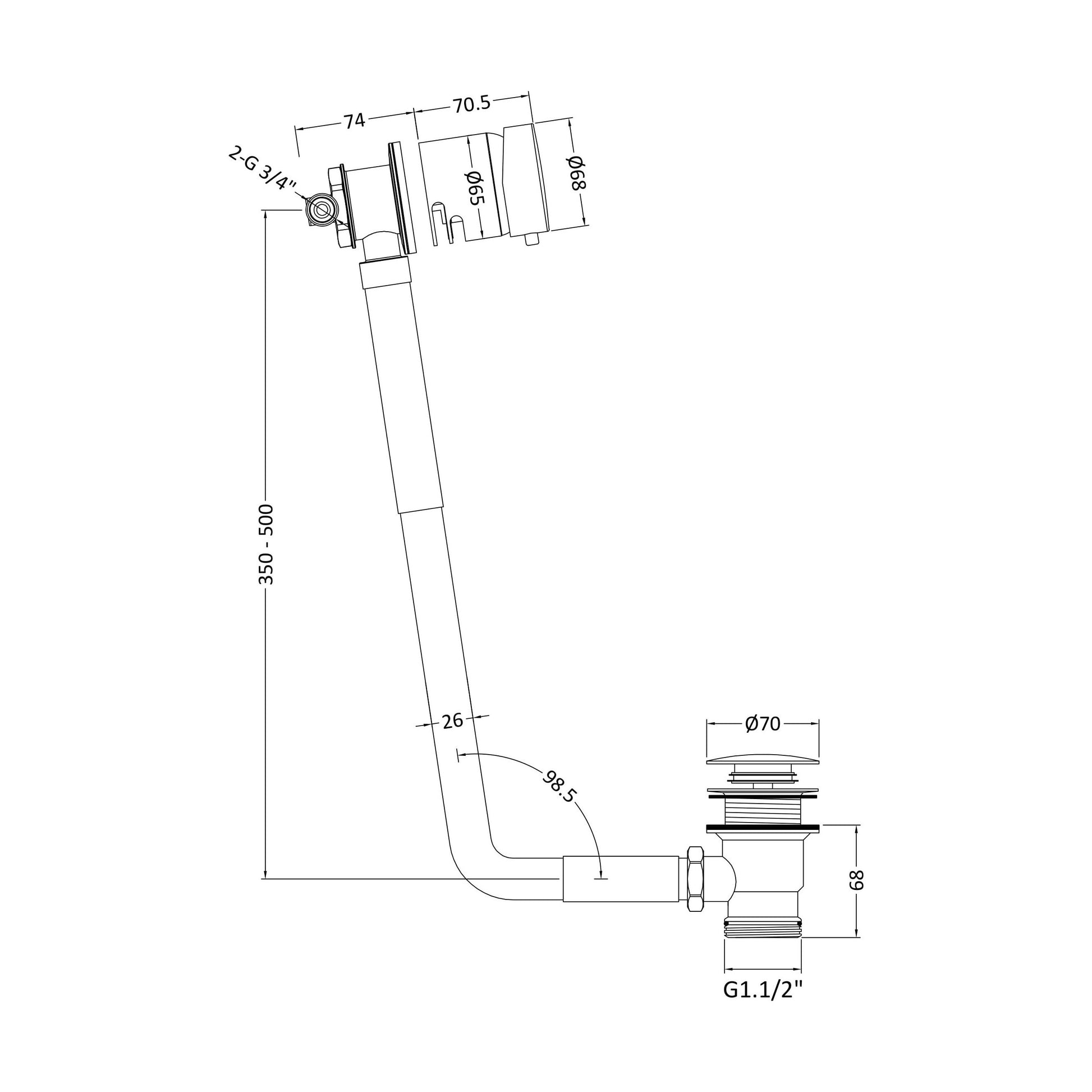 [BWE401] Single Lever Freeflow Bath Filler - Technical Drawing