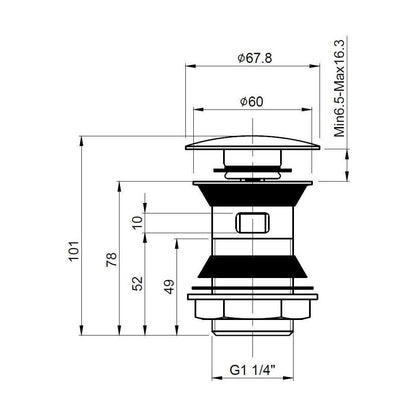 [BWER407] Push Button Basin Waste Slotted - Technical Drawing