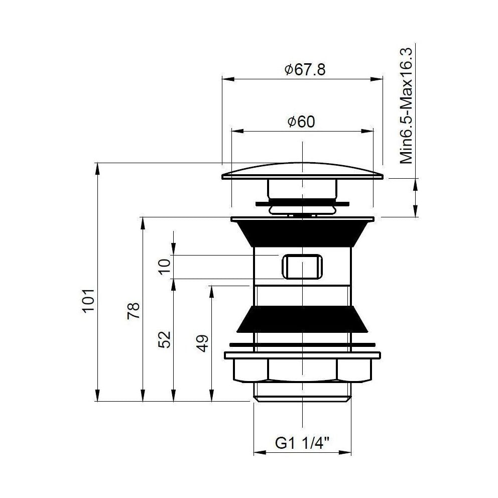 [BWER807] Push Button Basin Waste Slotted - Technical Drawing