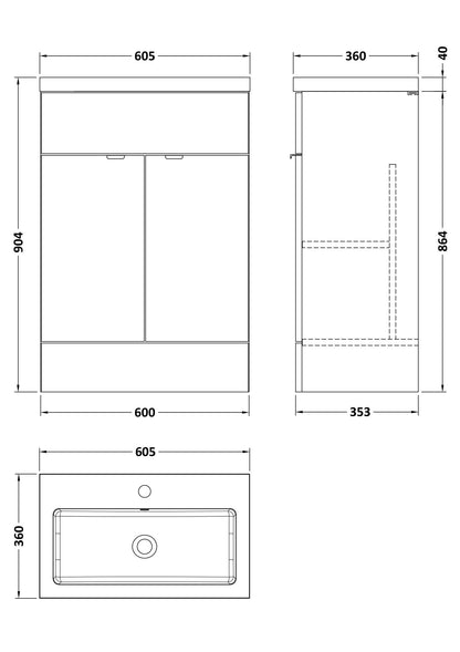 Hudson Reed Fusion 600mm Floor Standing 2 Door Vanity Unit & Polymarble Basin With Handles
