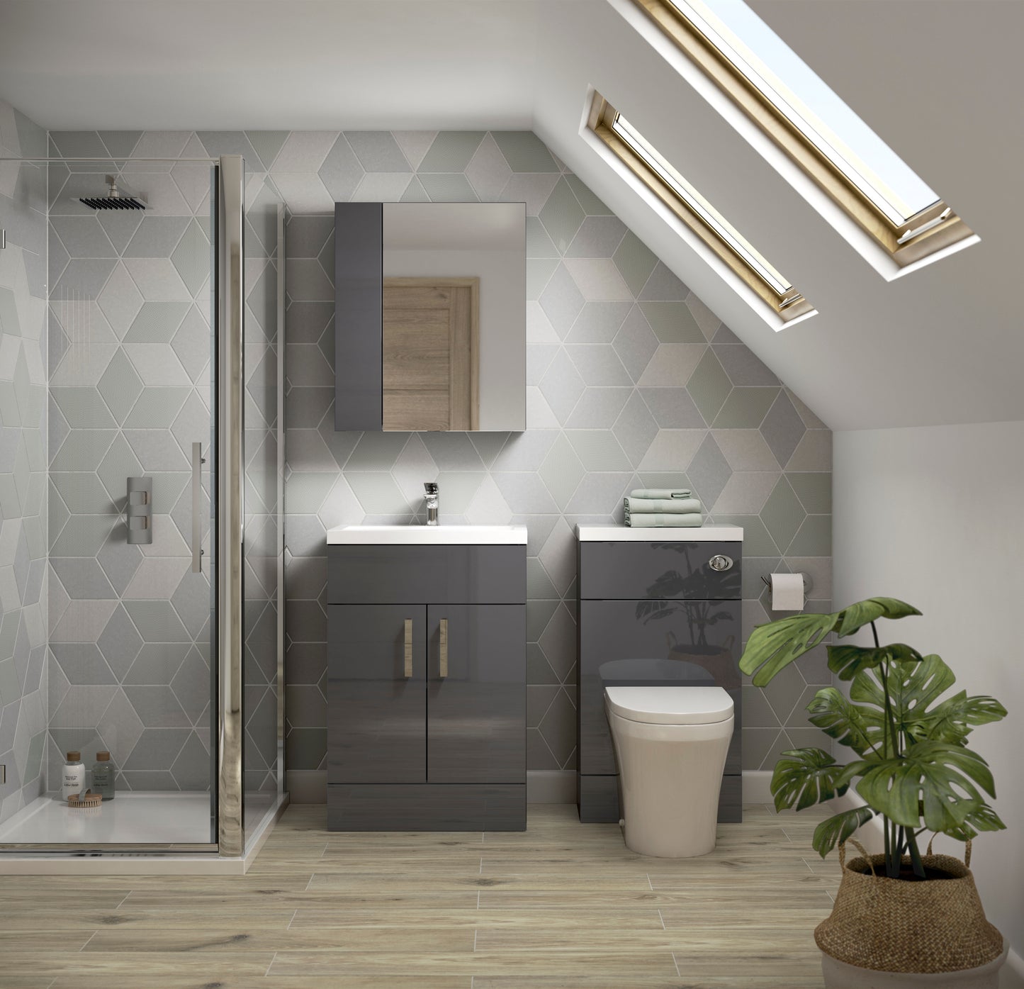 Hudson Reed Fusion 600mm Gloss Grey Floor Standing 2 Door Vanity Unit & Polymarble Basin