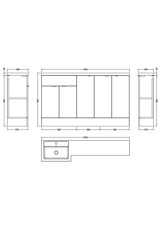 Hudson Reed Fusion 1500mm Gloss Grey Floor Standing 5 Door Vanity Basin Left Hand Combination