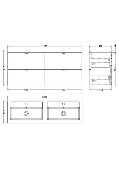 Hudson Reed Fusion 1200mm Gloss Grey Wall Hung 4 Drawer Vanity Unit with Double Polymarble Basin