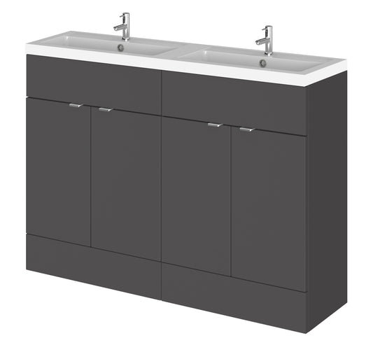 Hudson Reed Fusion 1200mm Gloss Grey Floor Standing 4 Door Vanity Unit with Twin Basin & Soft Close Doors