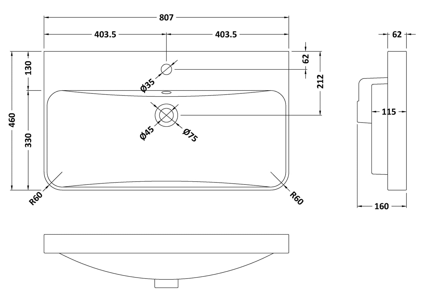 800 x 460 Curved  Tap Holein-Edged Basin - 1 Tap Hole
