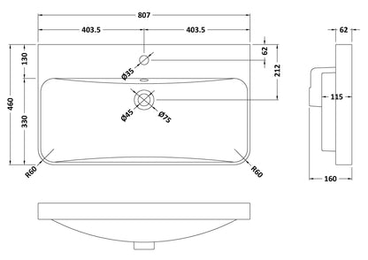 800 x 460 Curved  Tap Holein-Edged Basin - 1 Tap Hole