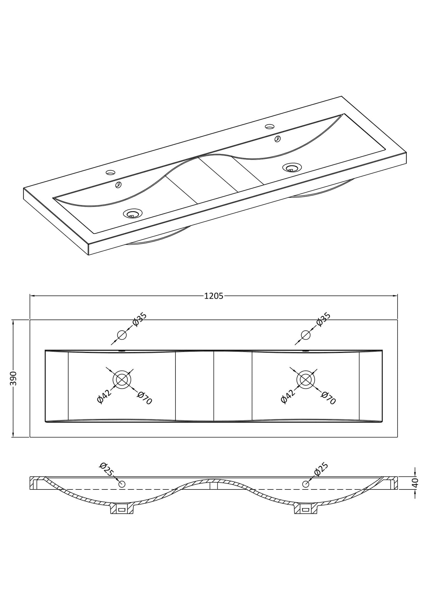 1200mm Double Ceramic Mid-Edge Basin
