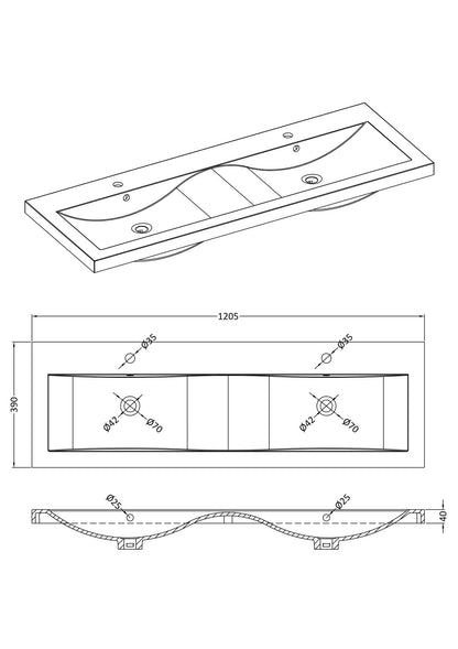 1200mm Double Ceramic Mid-Edge Basin