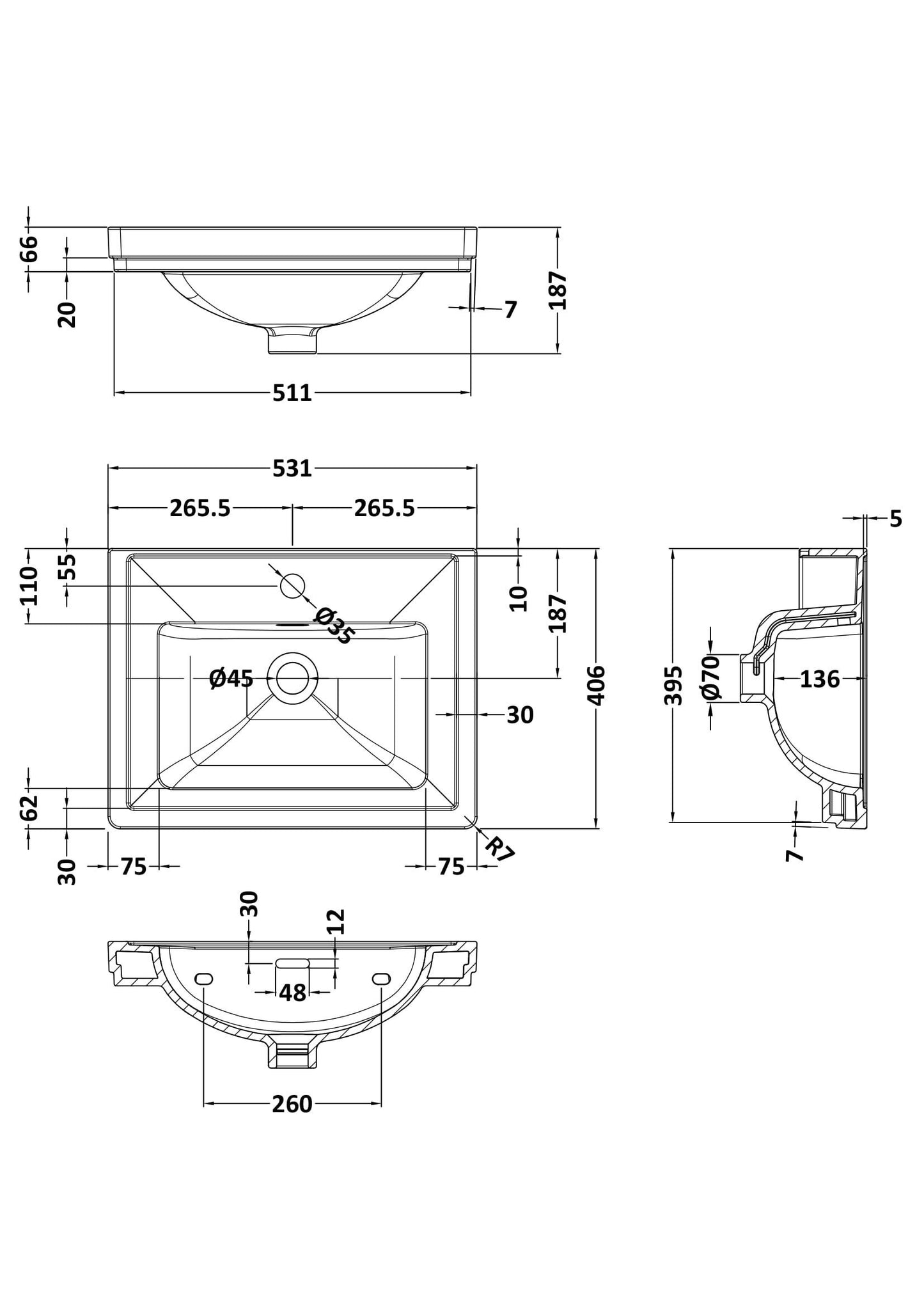 Components Fireclay Classic Basin 1 Tap Hole, 500mm