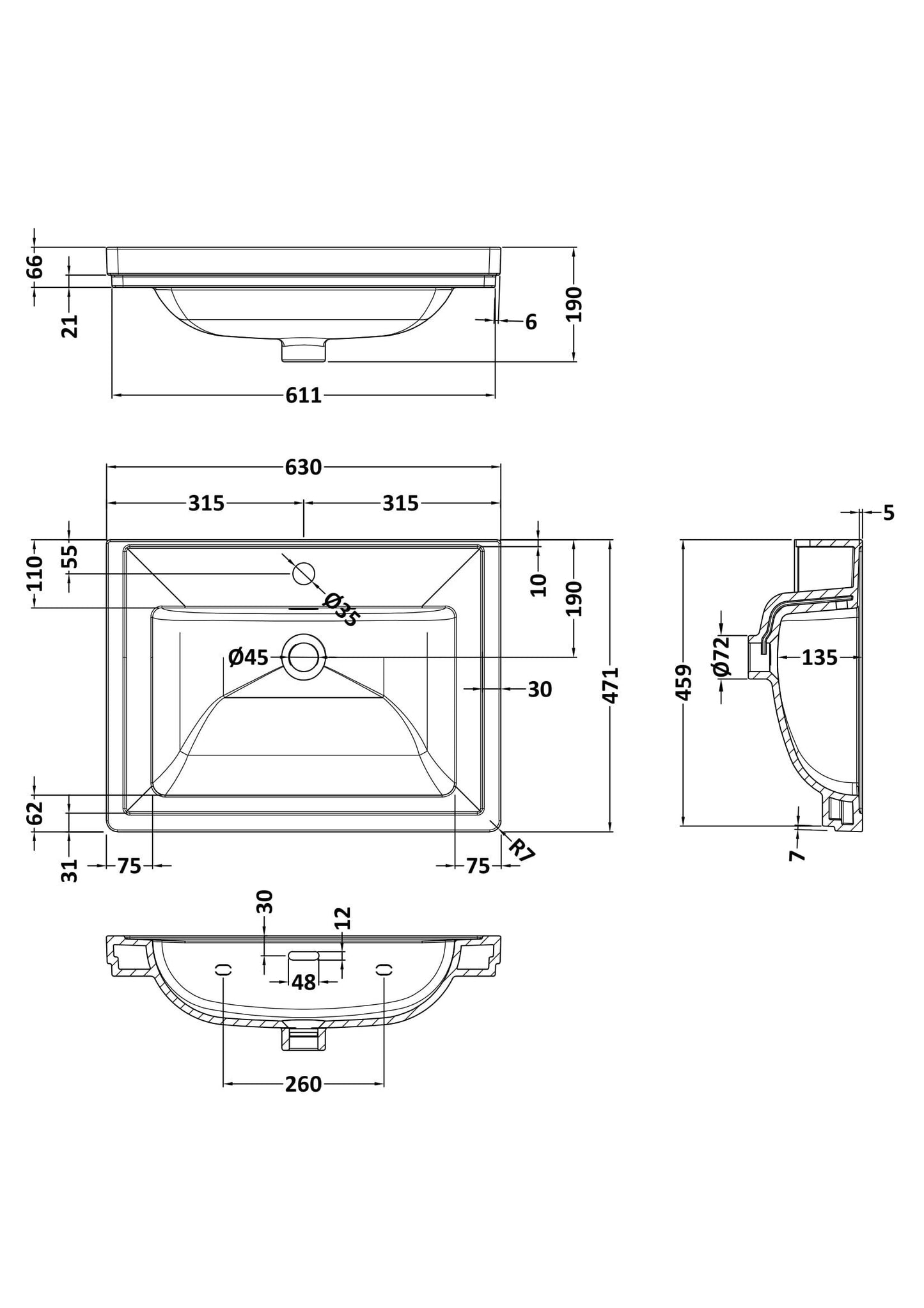 Components Fireclay Classic Basin 1 Tap Hole, 600mm