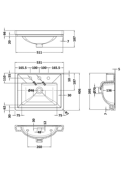 Components Fireclay Classic Basin 3 Tap Hole, 500mm