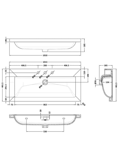 3 Tap Hole Minimalist Basin - 1000 x 460