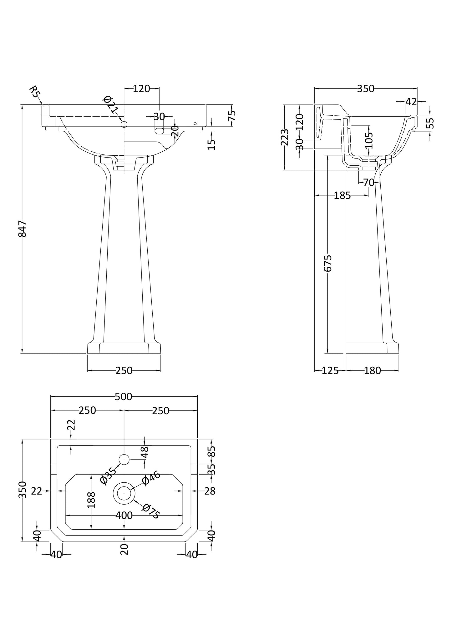 Richmond 500mm Basin & Pedestal 1 Tap Hole