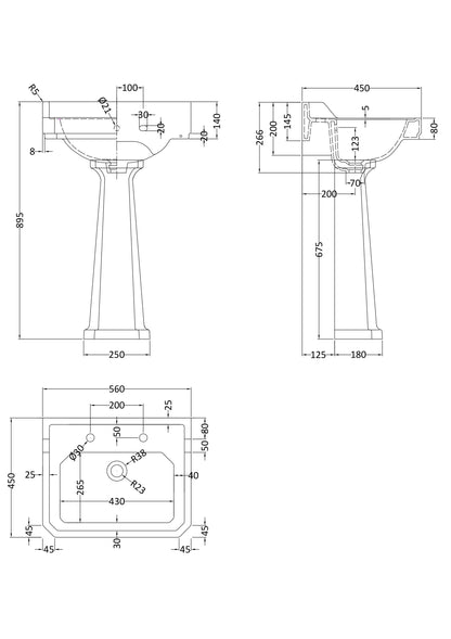 Hudson Reed Richmond 565mm Traditional 2 Tap Hole Basin & Pedestal