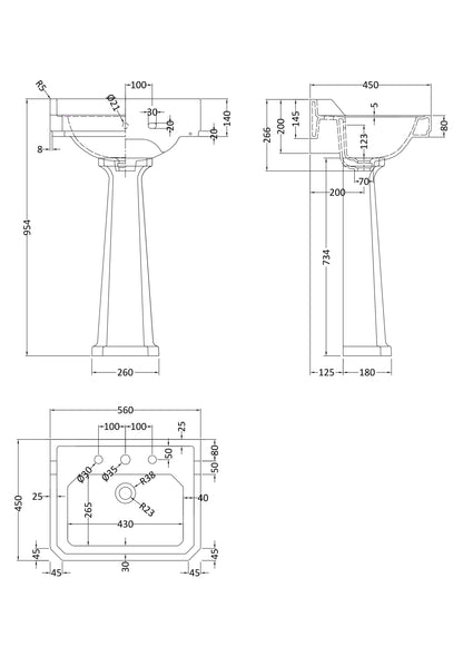 Hudson Reed Richmond 560mm Comfort Height 3 Tap Hole Basin With Pedestal