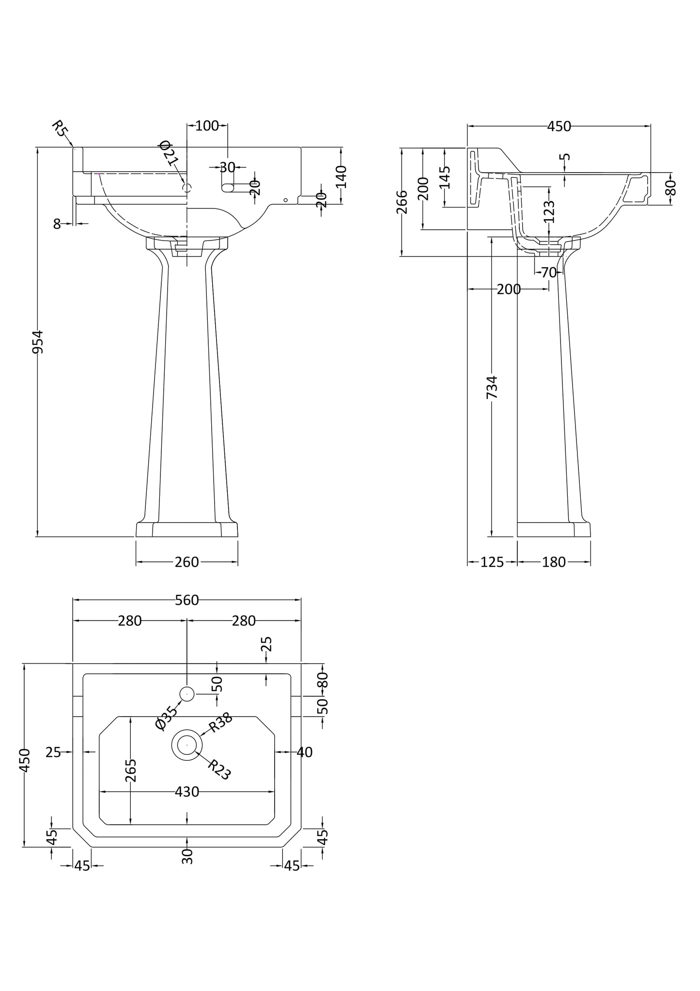 Hudson Reed Richmond 560mm Comfort Height 1 Tap Hole Pedestal Basin