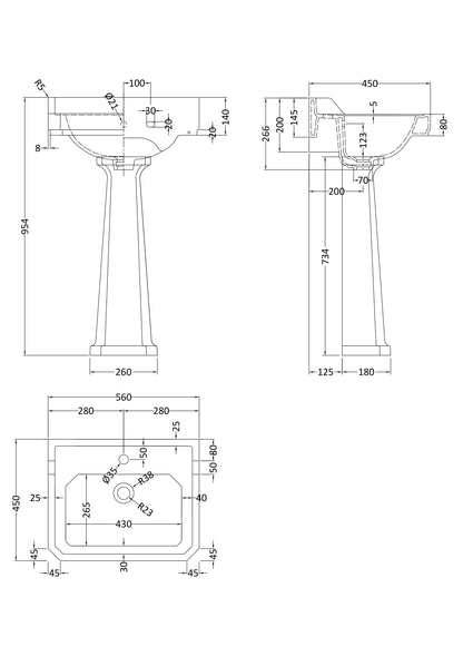 Hudson Reed Richmond 560mm Comfort Height 1 Tap Hole Pedestal Basin