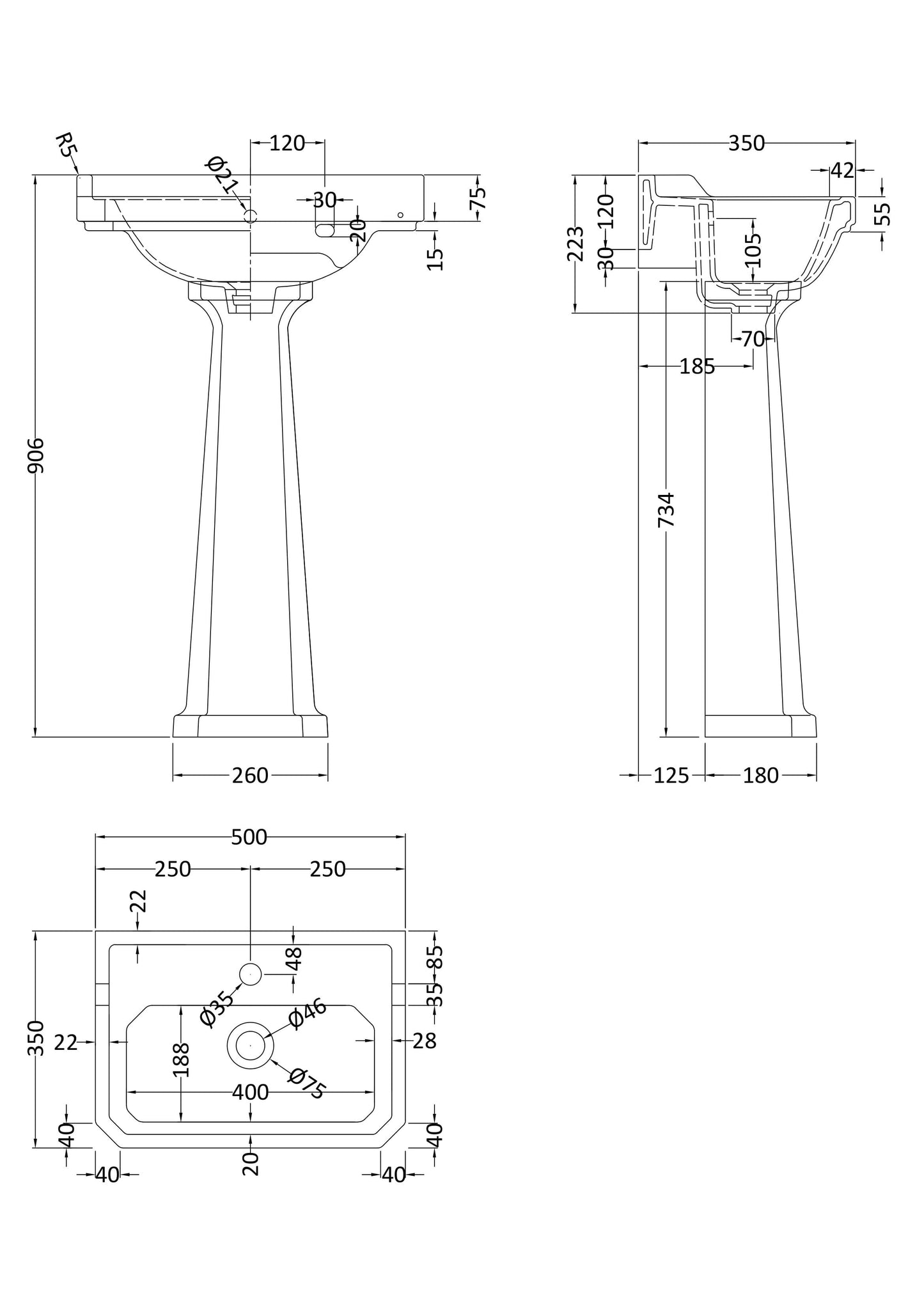 Hudson Reed Richmond 500mm Comfort Height 1 Tap Hole Pedestal Basin