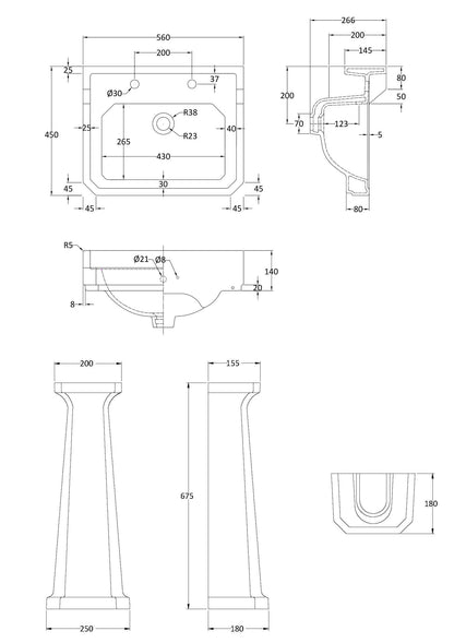 Nuie Traditional 560mm Basin & Pedestal 2 Tap Hole