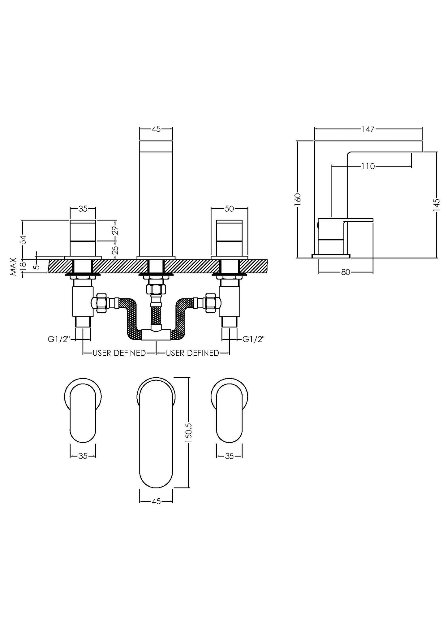 Chlemsford Deck Mounted 3 Tap Hole Basin Mixer With Pop Up Waste