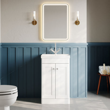 Nuie Classique 500mm Satin White Floor Standing 2 Door Vanity Unit With Basin