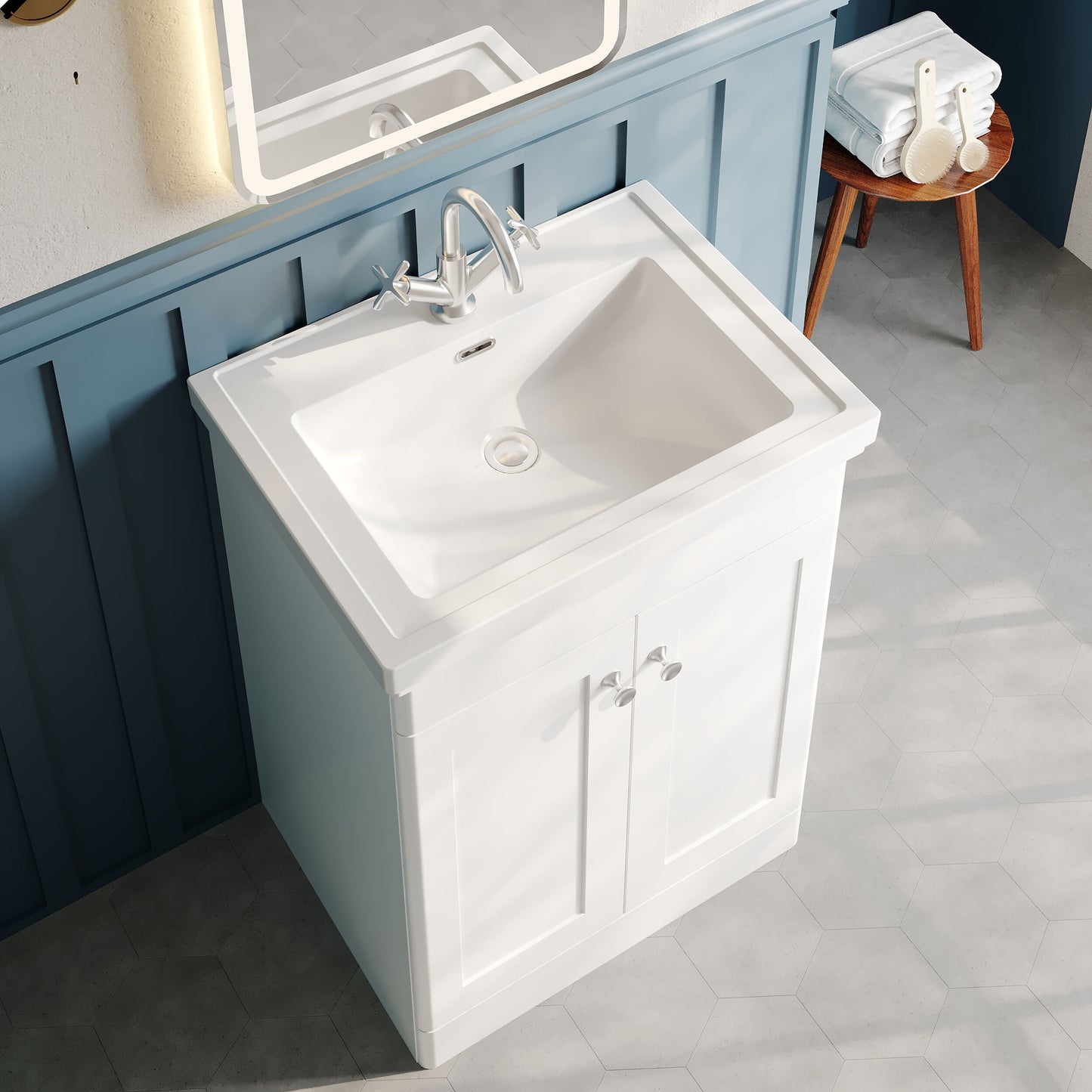 Nuie Classique 600mm Satin White Floor Standing 2 Door Vanity Basin Unit Including Basin