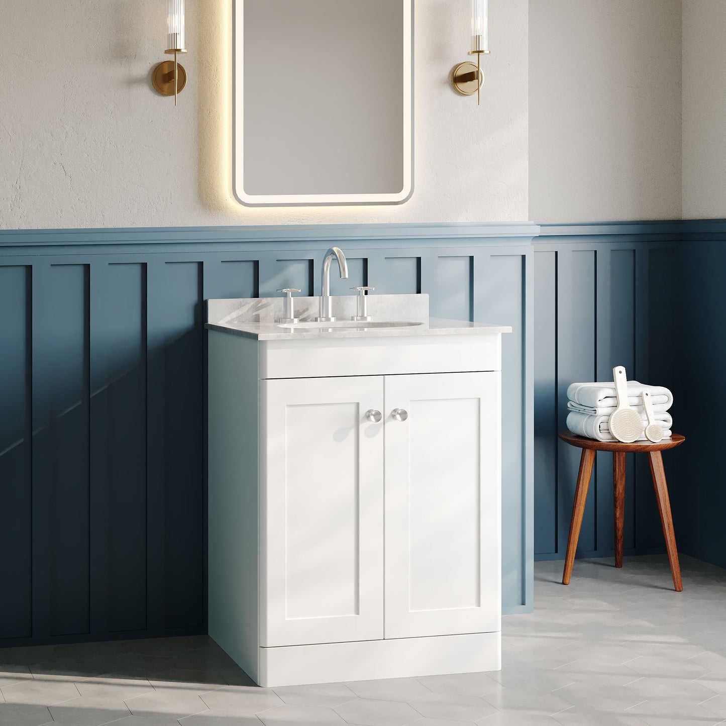 Nuie Classique 620mm Satin White Floor Standing 2 Door Vanity Unit With 3 Tap Hole Round Basin