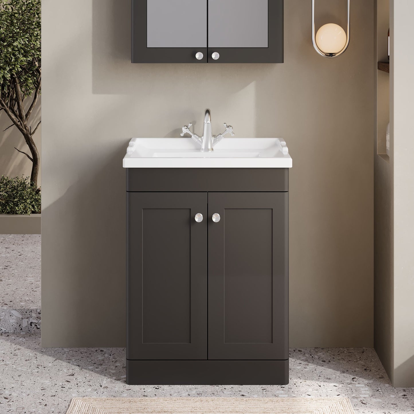 Nuie Classique 600mm Traditional Soft Black Floor Standing 2 Door Vanity Unit With 1 Tap Hole Basin