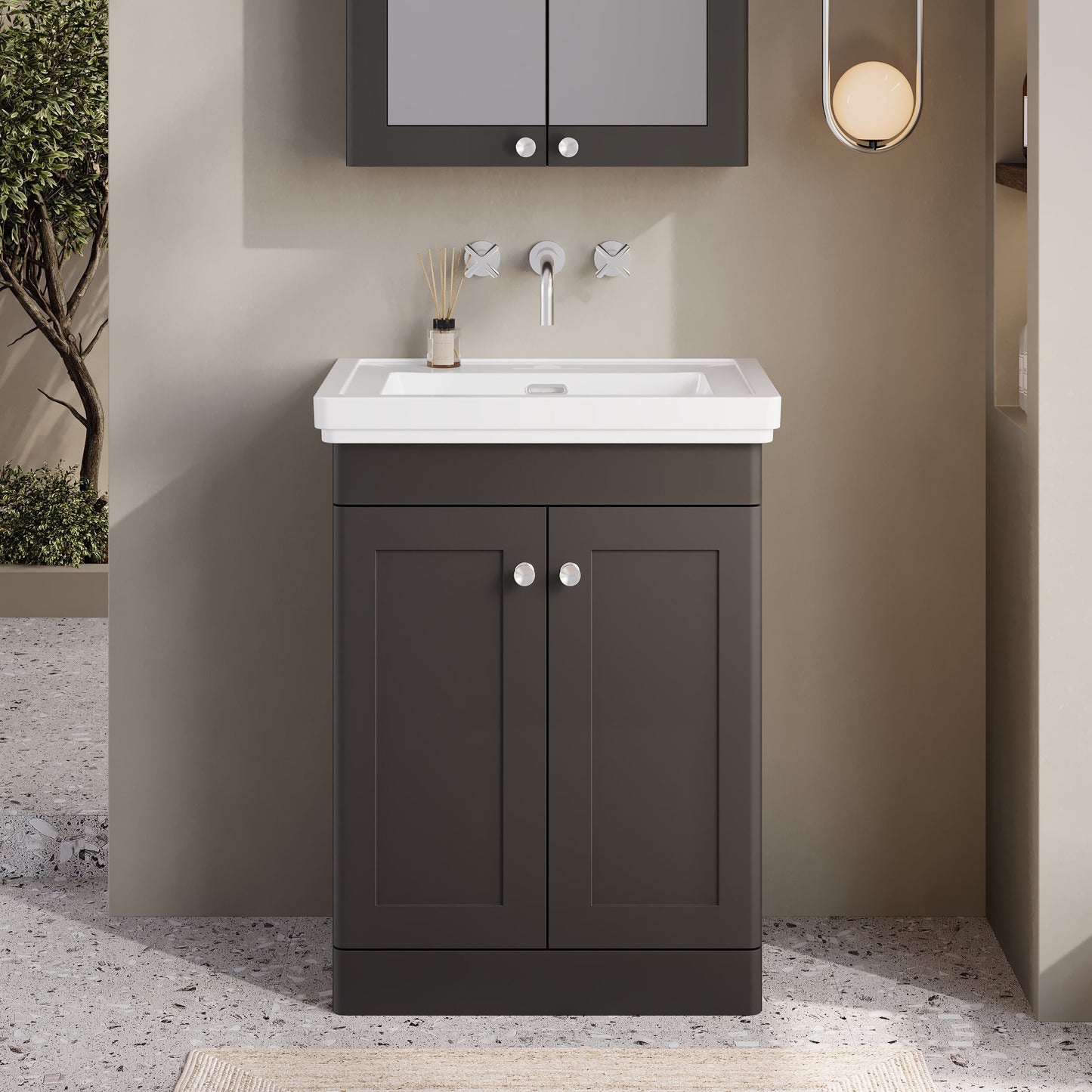 Nuie Classique 600mm Soft Black Floor Standing 2 Door Vanity Unit with 0 Tap Hole Basin with Overflow