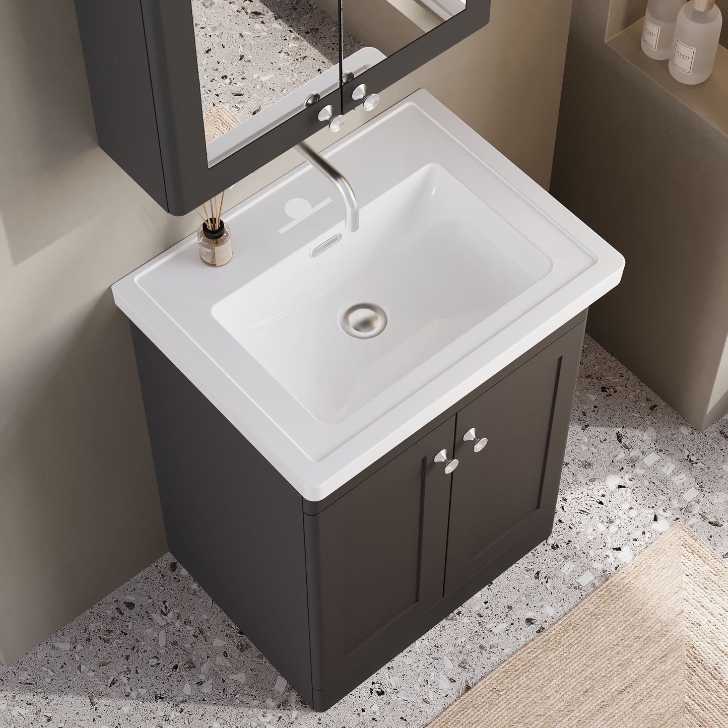 Nuie Classique 600mm Soft Black Floor Standing 2 Door Vanity Unit with 0 Tap Hole Basin with Overflow