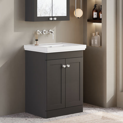 Nuie Classique 600mm Soft Black Floor Standing 2 Door Vanity Unit with 0 Tap Hole Basin with Overflow