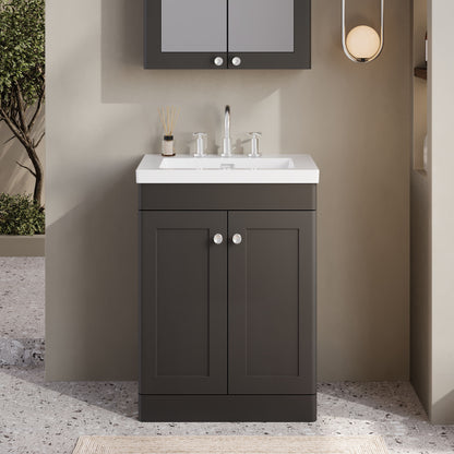 Nuie Classique 600mm Soft Black Floor Standing 2-Door Vanity Unit with 3 Tap Hole Basin
